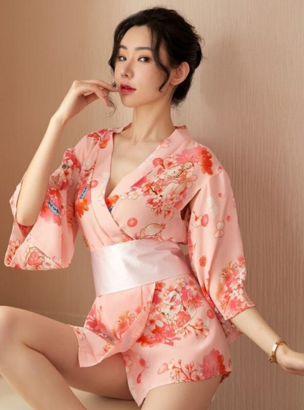 Ancient Printed Split Closure Kimono Hollow Waist Corset Uniform Seductive Japanese Bathrobe