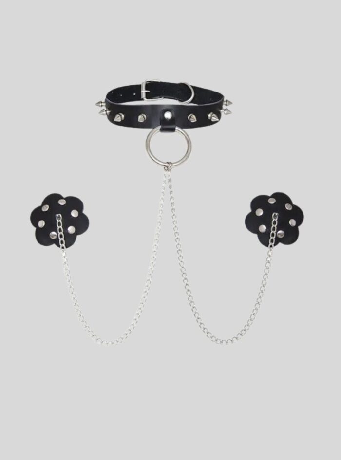 Pu Leather Sexy With Rivet Neck Sleeve Nipple Iron Chain Collar BDSM Bondage