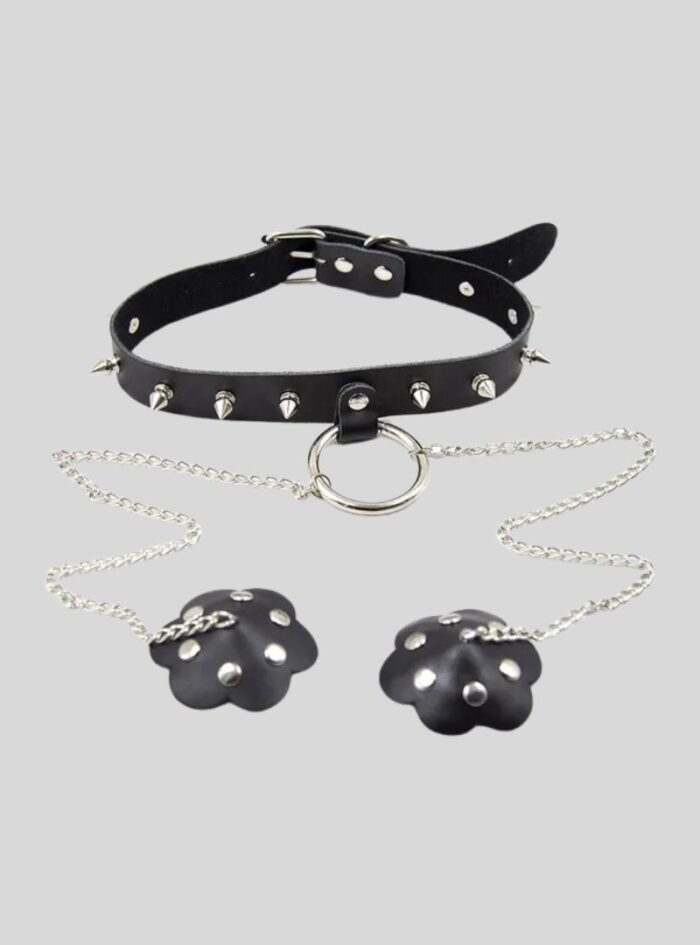 Pu Leather Sexy With Rivet Neck Sleeve Nipple Iron Chain Collar BDSM Bondage