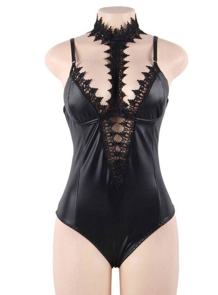 imitation leather jumpsuit deep V sexy underwear