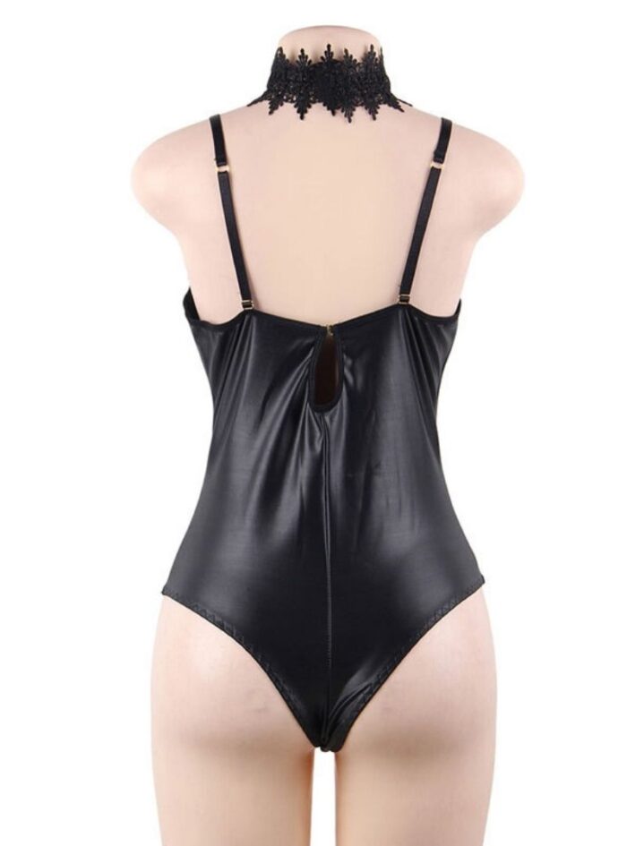 imitation leather jumpsuit deep V sexy underwear