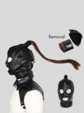 PU Leather Mask Hood Sissy Bondage Headgear Hood with Hair Ponytail Chest Collar