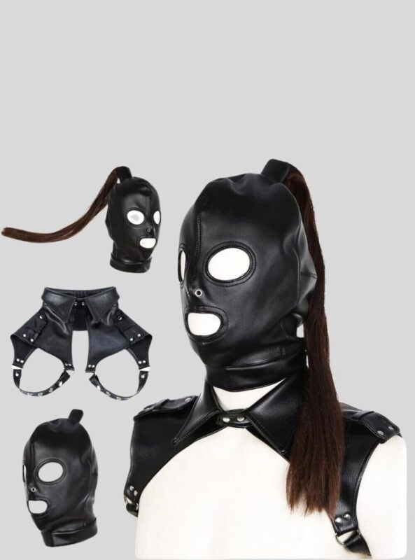 PU Leather Mask Hood Sissy Bondage Headgear Hood with Hair Ponytail Chest Collar