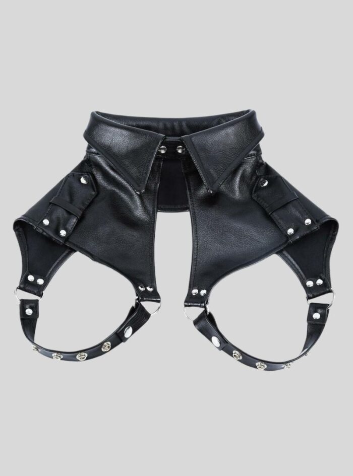 PU Leather Mask Hood Sissy Bondage Headgear Hood with Hair Ponytail Chest Collar