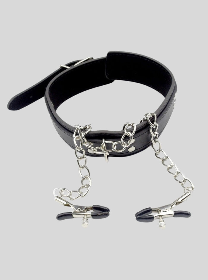 Collared Temptress Collar with Nipple Clamps Chain – Black