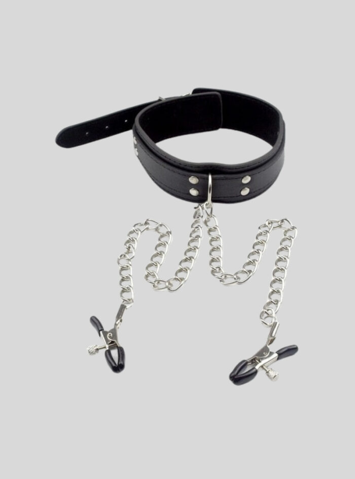 Collared Temptress Collar with Nipple Clamps Chain – Black