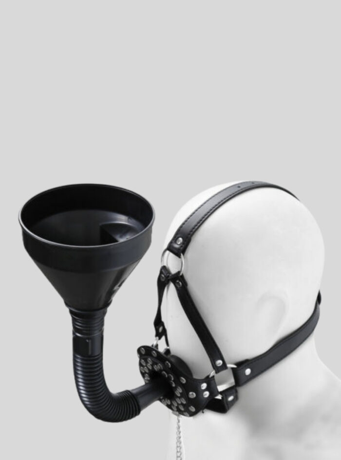 PU Leather Funnel Oral Enema Drool Plug Gag Head Harness